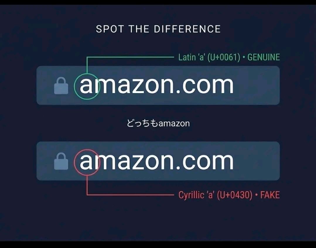 Hey everyone!
Stay alert for a hard-to-detect phishing technique known as homograph attacks. Attackers use lookalike characters from Greek and other alphabets that resemble Latin letters like "o" and "a" to create fraudulent URLs that appear legitimate at first glance.
Always verify URLs carefully before clicking, even when a website looks completely genuine. Stay vigilant!